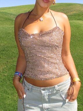 Jaded London Brown Sequin Crochet Lace-Up Tube Top
